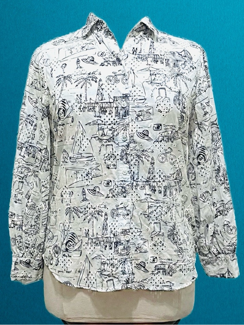 Chico's White/Black Button Down Shirt Sz 2/L/12-14